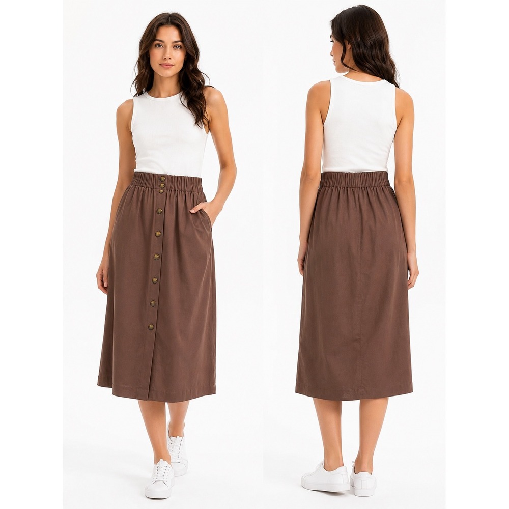 Veronica Midi Skirt Womens Small Brown Button Front High Waist Paperbag Cottage